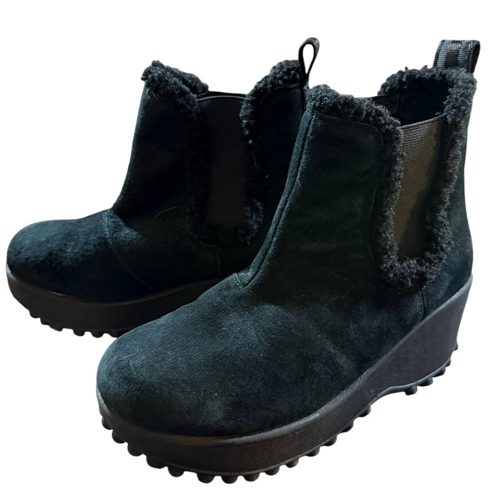Black Suede Wedge Ankle Boots Faux Shearling Trim Platform Lug Sole 6.5 Winter